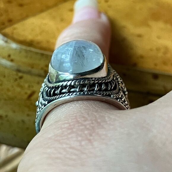 Natural Rainbow Moonstone Sterling Silver Cocktail Ring Size 5 - Picture 2 of 10